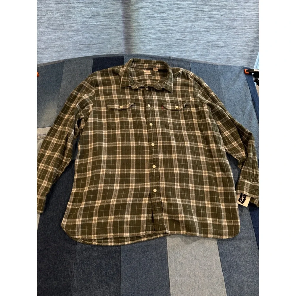 Levis‎ Mens XXL Relaxed Fit Flannel Shirt Olive Green White Plaid Button Down